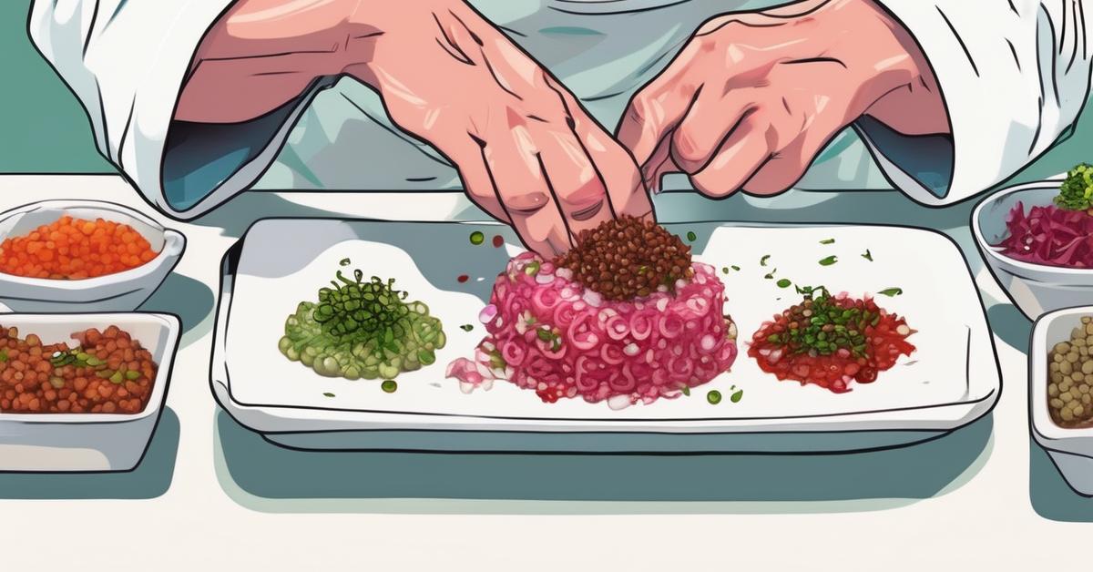 Przygotowanie tatara: ręczne siekanie wołowiny.